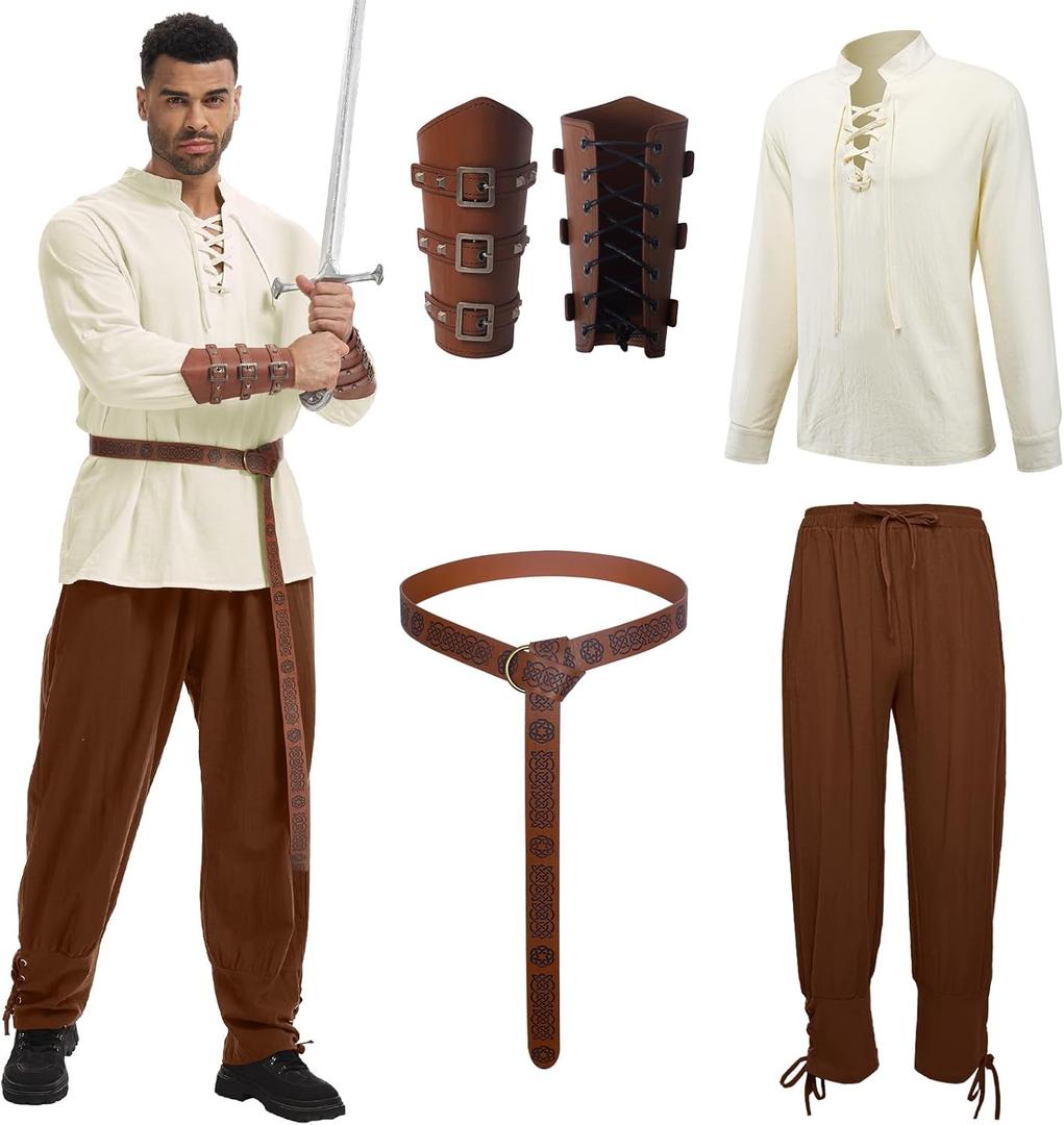 4 Pcs Men's Renaissance Costume Set Medieval Pirate Costume men Shirt and Pants Viking Costume Accessory L