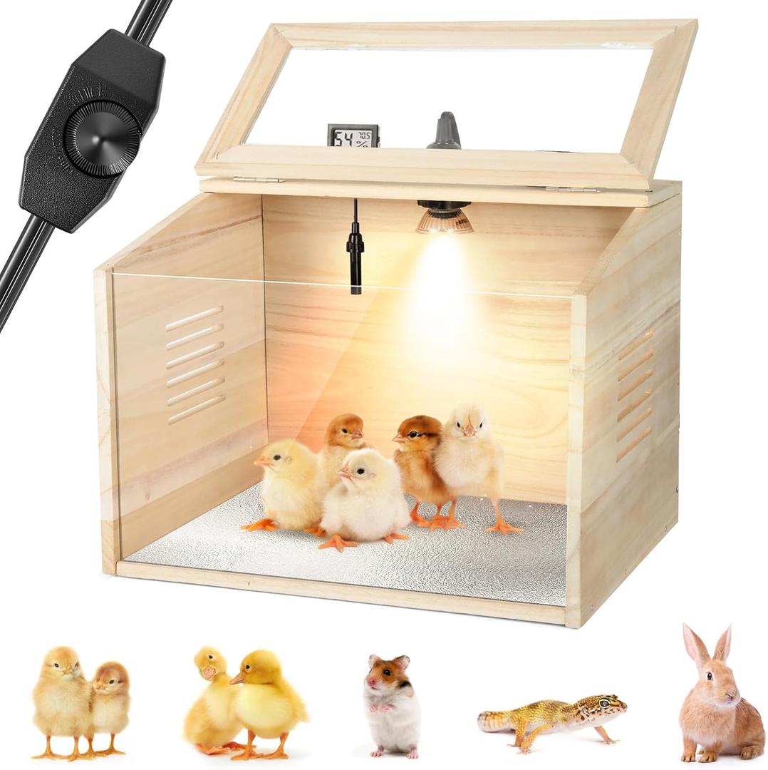 Wooden Brooder Box for Chicks Starter Kit with Heat Lamp,Thermometer,Perch,Temperature Adjustable Poultry Brooder Heater Transparent Skylight for 10 Chicks,Ducks,Quail 11.8"x15.7"x15.7"