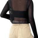 SHENHE Women's Mesh Sheer V Neck Tie Front Long Sleeve Solid Crop Cardigan (Black, XL)
