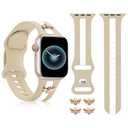 Silicone Band for Apple Watch Band 44mm 45mm 42mm with 2 Pairs of Bee Charms Decor RoseGold, Designer Sport Strap Gold for iwatch Bands Series 9 8 7 6 5 4 3 2 1 SE Ultra Women Girl-Khaki