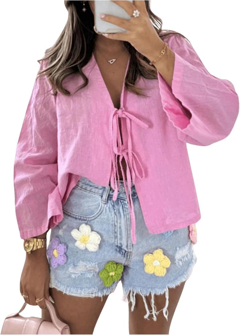 WDIRARA Women's Tie Front V Neck Blouse Long Sleeve Y2k Going Out Tops (Pink, S)