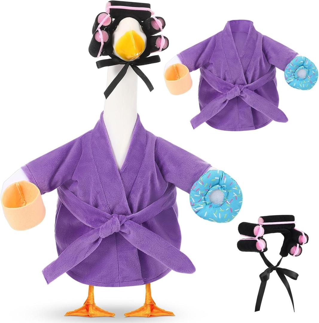 Shyyween Lady Porch Goose Outfit for 17'' Cement Plastic Lawn Goose Statue Clothes Purple Bathrobe Coffee Cup Curlers for Outdoor Garden Yard Patio Decoration
