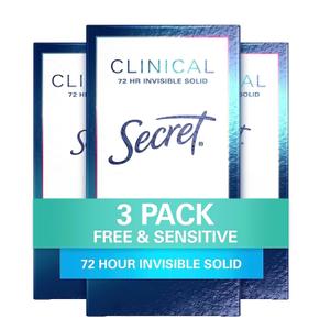 Secret Clinical Strength Antiperspirant Deodorant for Women, Free & Sensitive, 3X Stress Protection, 72hr Sweat & Odor Protection, PH Balancing Minerals, Invisible Solid, Unscented, 1.6 oz (Pack of 3) (1.6 Ounce (Pack of 3))