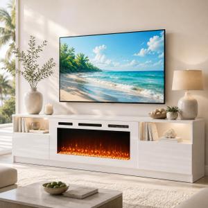 70" Fireplace TV Stand for TVs Up to 80",Entertainment Center with 36 Electric Fireplace and 12 Colors LED Lights,Large TV Console with Storage Cabinet for Living Room,All White