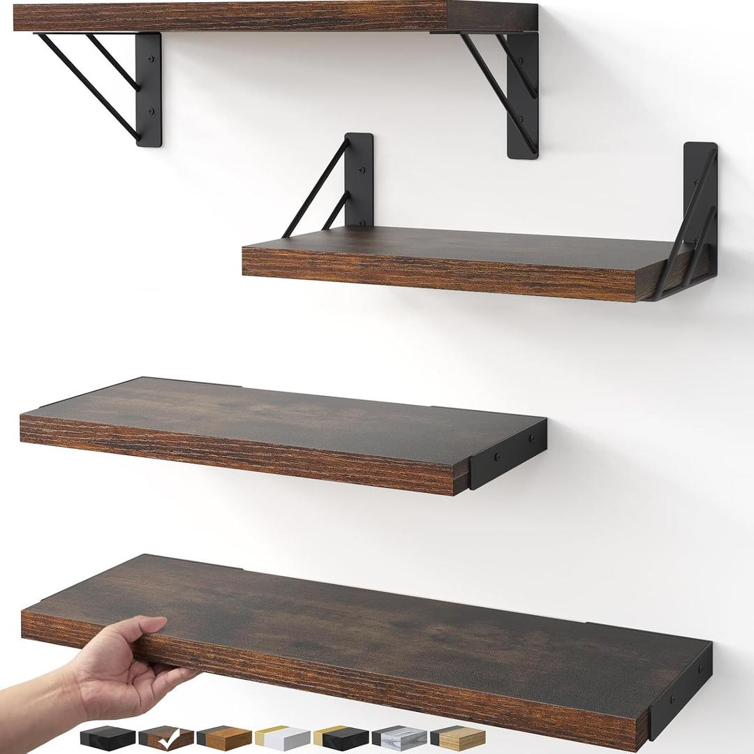 BAYKA Wall Shelves for Bedroom Decor, Floating Shelves for Wall Living Room Kitchen Storage, Mounted Rustic Wood Floating Shelves for Kids Books, Corner Shelf for Bathroom(Rustic Brown Set of 4) (Rustic Brown Board & Black Brackets)