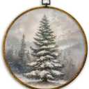 CUANFDDSF Christmas Winter Tree Round Wall Art Decor, Rustic Snowy Forest Pine Tree Landscape Wall Hanging Frame Decor, Cozy Winter Canvas Prints Decorations for Home Bedroom Living Room, 10x10 Inch