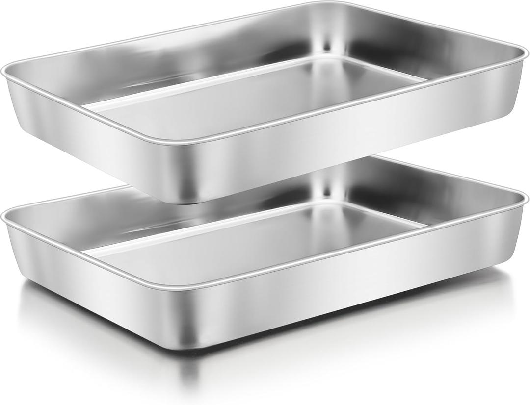 Herogo Rectangle Cake Pan Set of 2, 12 x 9 x 2 Inch Stainless Steel Baking Pan for Oven, Lasagna Brownies Casseroles Cakes Bakeware, Dishwasher Safe (Silver)
