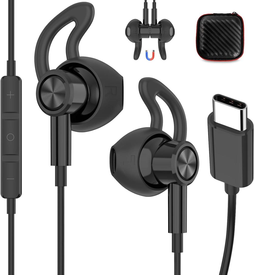 Wired Earbuds for Apple/Android USB C Headphones with Anti-Fall Ear Buds Tips DAC Chip Corded USBC Type C Earphones for iPhone 15 16 17 Pro Max 17e 16e for Samsung/Galaxy S26 S25 S24 S23 S22 S21 Black