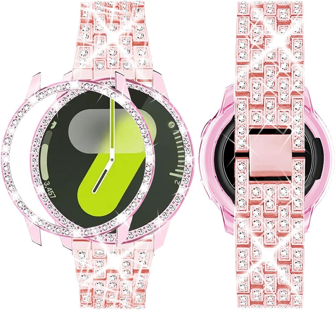 SUPOIX Band with Case Compatible for Samsung Galaxy Watch 8/7/6 40mm 44mm, 20mm Women Bling Replacement Strap & PC Protective Bumper Face Cover for Galaxy Watch 8/7/6 (Size Optional) (Rose Pink)