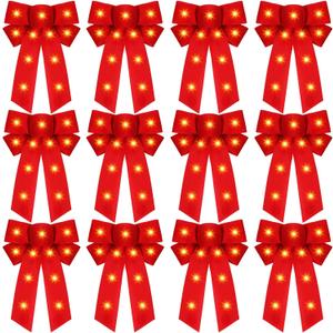 Crowye 12 Pcs Large LED Valentines Bows Lighted Velvet Bows Decoration Wreath LED Light Bow Christmas Tree Topper for Indoor Outdoor Xmas Winter Decoration (5 x 8 Inches,Red)