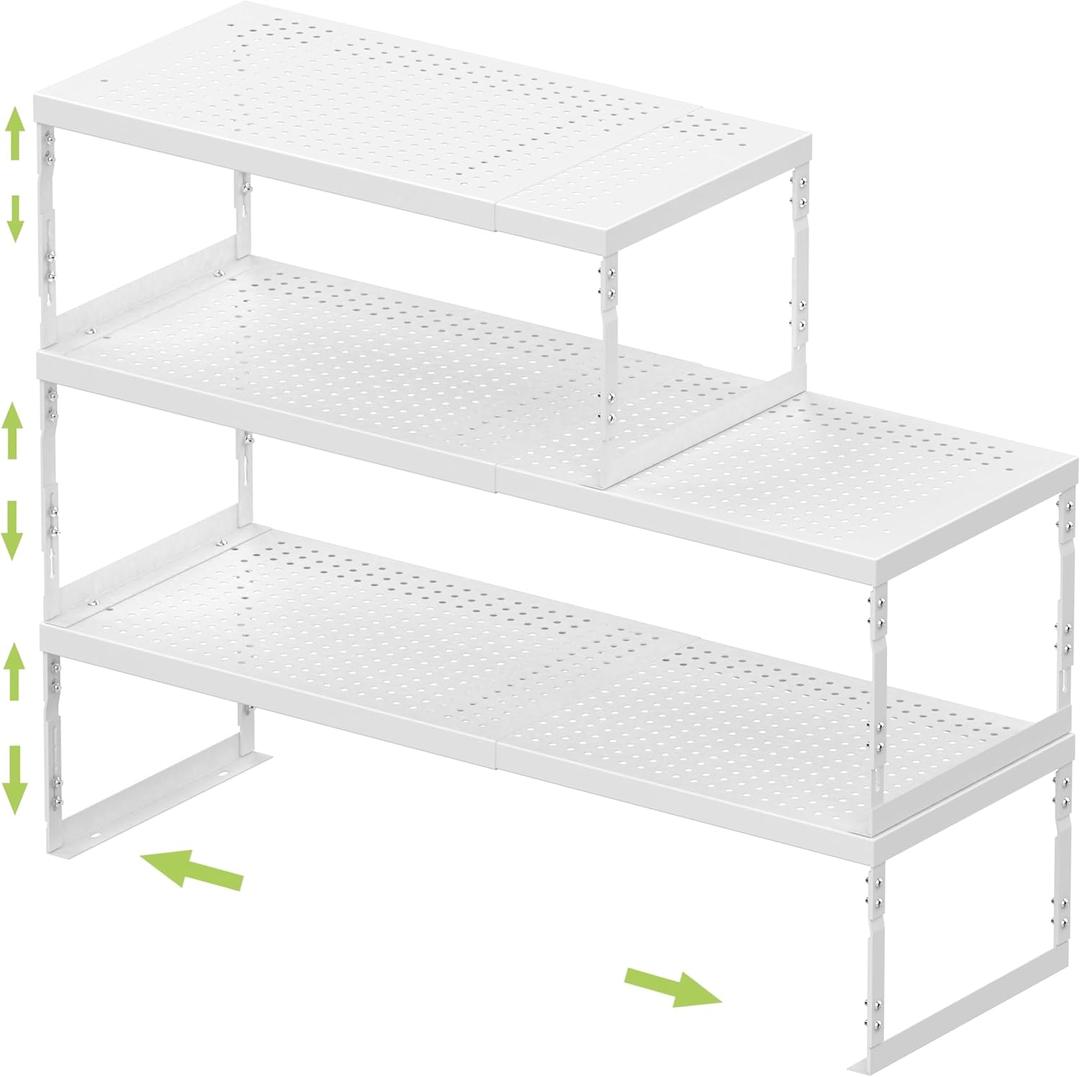 Jojocross Adjustable Stackable Metal Storage Shelf Organizer - Expandable Wire Rack with Perforations for Kitchen, Pantry, Bathroom, Cabinet & Office-Compact, Durable & Sturdy (3PACKS/Medium/White)