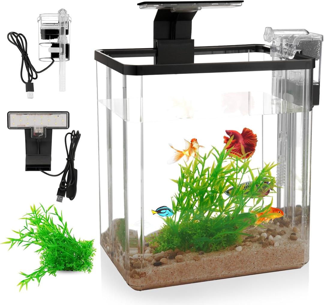 1.5 Gallon Aquarium Starter Kits - Plastic Fish Tank Kit Clear Beta Fish Tank Small with Filteration Oxygenation, Water Circulation, Lighting - Beginner's Gift for Guppy, Shrimp, Goldfish