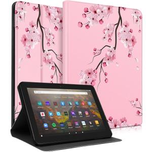 for Amazon Kindle Fire HD 8/8 Plus Tablet Case 10th/12th Generation for Women Girls Folio Cover Cute Fashion Design Girly Floral Flower Kawaii Pretty Unique Cases for Kindle Fire Case 8 Inch (3-Plum Blossom)