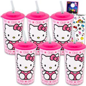 Hello Kitty Kids 16 Oz Reusable Cups - Sanrio Party Favor 6 Piece Bundle with 16 Oz Cup with Lid and Straw Plus Stickers for Boys, Girls | Hello Kitty Tumbler with Straw