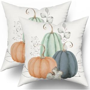 Fall Blue Orange Pumpkin Pillow Covers 18x18 Set of 2 Watercolor Pumpkins Throw Pillows Autumn Themed Decorations Thanksgiving Decorative Pillowcase Cotton Square Cushion Cover for Couch Sofa Bed