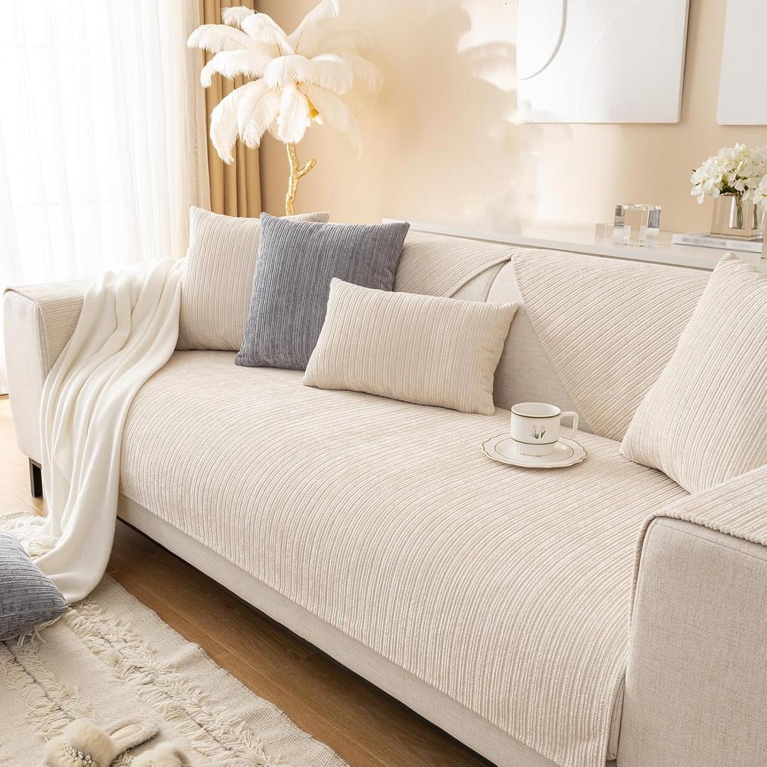 Solid Striped Textured Chenille Sofa Covers,Simple Striped Chenille Anti Scratch Couch Cover,Washable Anti-Slip Pet Couch Protector,Thin Chenille Couch Covers for Dogs,Pets,White-35"x28"/90X70cm
