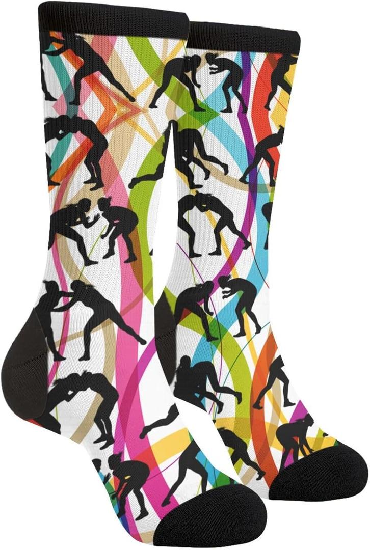 Novelty Crew Socks Casual Crazy Funny Dress Socks For Women Men Teens Gift (One Size, Wrestling)
