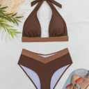 B2prity Women Halter Bikini Sets Sexy Deep V Neck Two Piece Swimsuits Color Block Bottom (M)