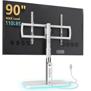 Universal TV Stand Tabletop TV Mount with Power Outlet for 50-90 Inch OLED LED Monitors, 9 Levels Height Adjustment, Ambient Lighting on The Bottom Holds up to 150lbs, White Max Vesa 600x400mm