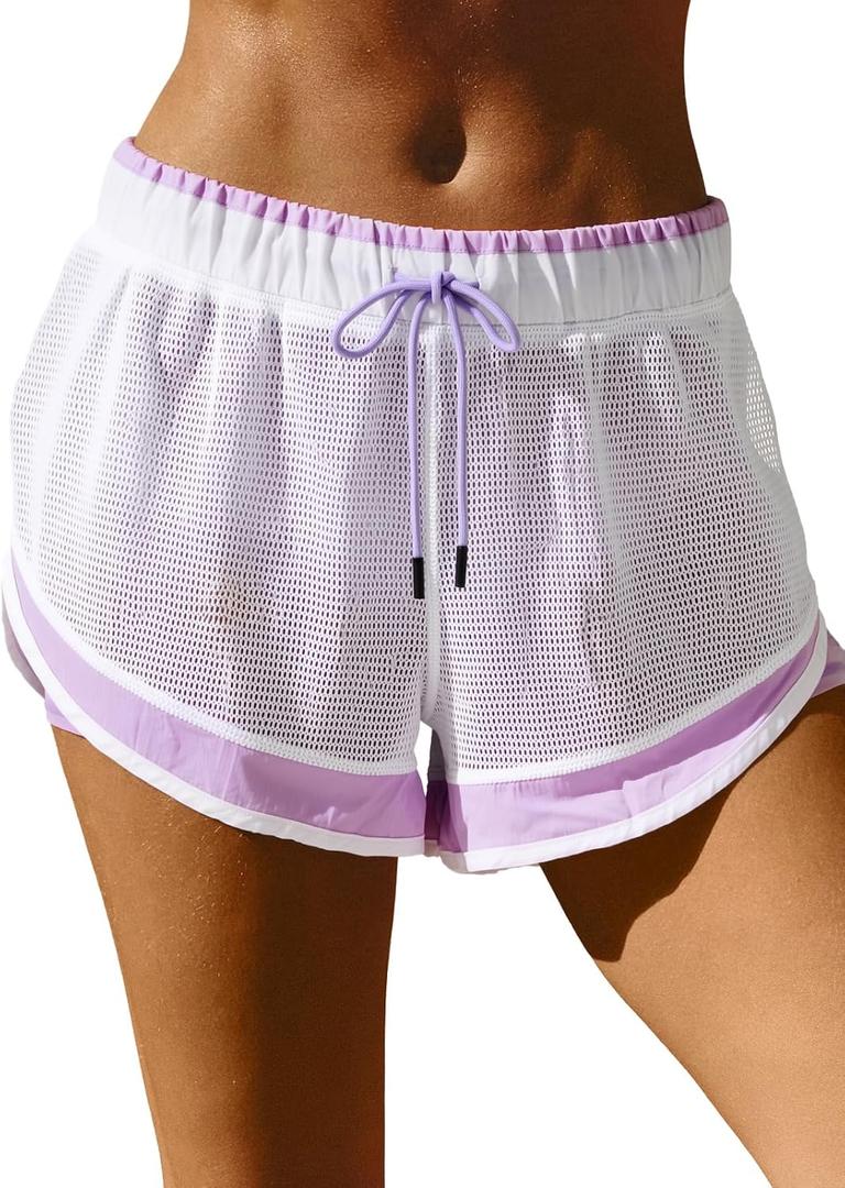 Fisoew Women Athletic Shorts 2 in 1 Running High Split Color Block Workout Yoga Mesh Shorts Pocket Drawstring (Purple, M)