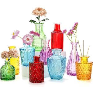 Coloch Set of 10 Colored Bud Vases, Assorted Small Glass Flower Vases Vintage Carved Floral Vase Single Bud Vase in Bulk for Centerpieces, Parties, Wedding Decoration, Office, Home