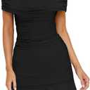 HYPERFIRE Women's Off The Shoulder Ruched Bodycon Dress Short Sleeve Ruffle Mini Dresses Cocktail (Black)