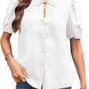 Women's 100% Linen Button Tops Short Sleeve Ruched Collar Neck Tie Front Button Dwon 2026 Summer Blouse (White)