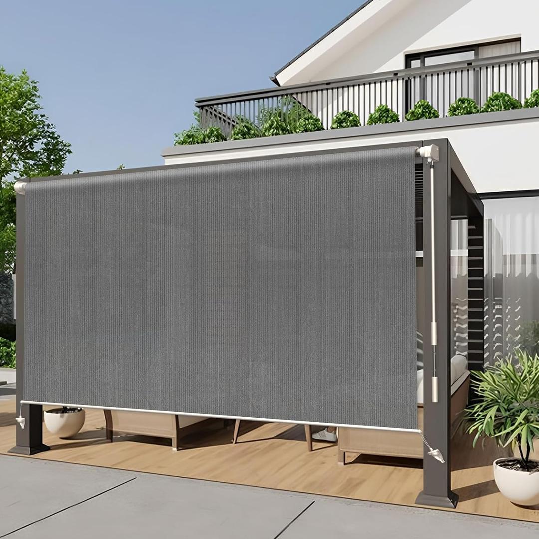 HENG FENG Outdoor Cordless Roller Shade 8'(W) x8'(H) Roll up Blinds Outside 95% UV Protection Shade Cloth for Porch Gazebo Backyard,Dark Grey