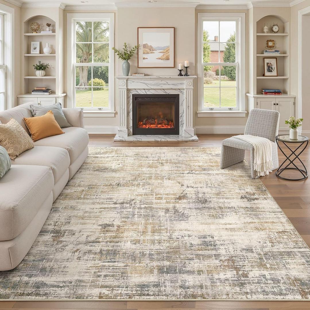 Uermei 9x12 Area Rug for Living Room Washable Abstract Golden Brown Carpet