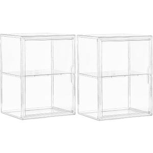 Acrylic Display Case for Collectibles, Clear Storage Bin with 3 Adjustable Layers and1 Removable Divider, Stackable Clear Storage Box With Magnetic Door for Figures, Home or Office,Large,2Pack