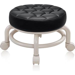 Round Rolling Low Stool- PU Leather Low Stool 360 More Comfortable Swivel with Thickened Sponge Cushion for Nail Salon, Pedicure, SPA and Home (Black)