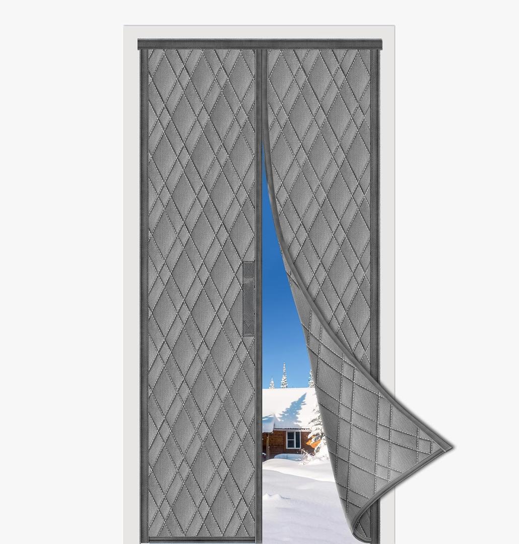 Insulated Door Curtains, Fit Size up to 36 x 80 Inches for Doorways/Front/Back/Basement, Magnetic Thermal Door Cover for Winter, Oxford Filled with Thick Cotton to Keep Warm, Grey, Diamond (Gray)