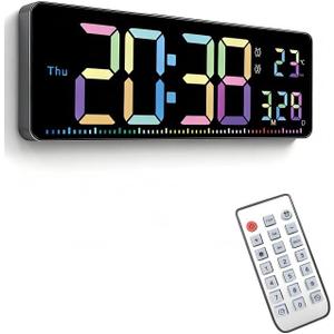 Digital Wall Clock, 16" Colorful Digital Display Clock with Remote Control, Date, Week, Temperature, Dual Alarm, Auto-Dimming, DST, 12/24Hr Format, Countdown, for Living Room Bedroom Office Classroom (Multicolor)