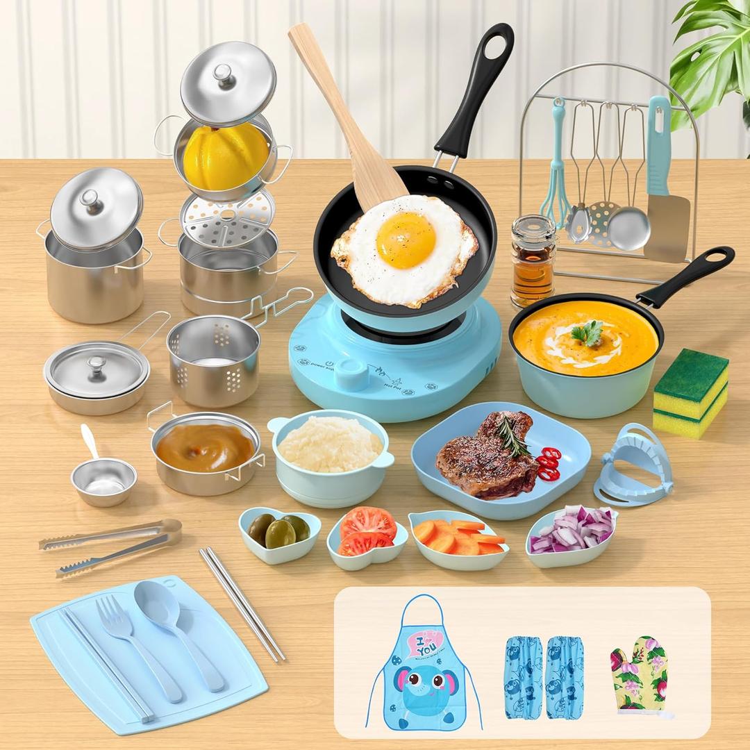 Kids Cooking Set Real for Ages 8-12, Real Mini Kitchen Tools with Stove Burner & Safe Knife, Montessori Cooking Toys for Boys & Girls, Easy Beginner Cooking Gift Blue