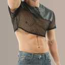 FEOYA Fishnet Top Men's Mesh Crop T Shirts Transparent Pu Tee Round Neck Long Short Sleeve Muscle Sexy Top Cluwear (Black, M)