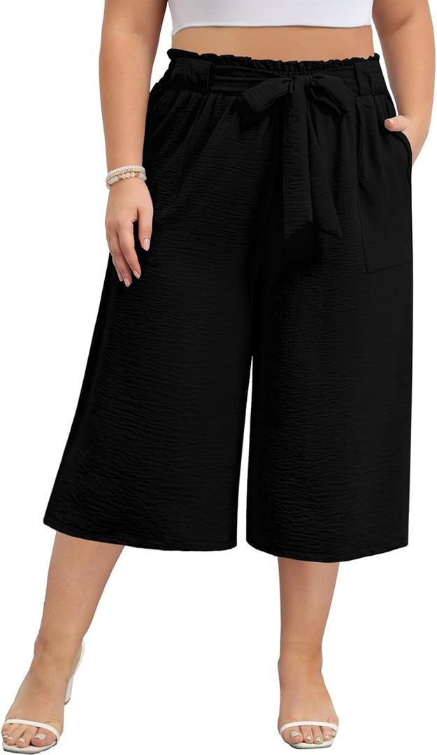 Lastshe Women's Casual Plus Size Cropped Wide-Leg Pants with Pockets Lightweight High Waisted Adjustable Tie Knot Capri Palazzo Trousers, Black, 4X
