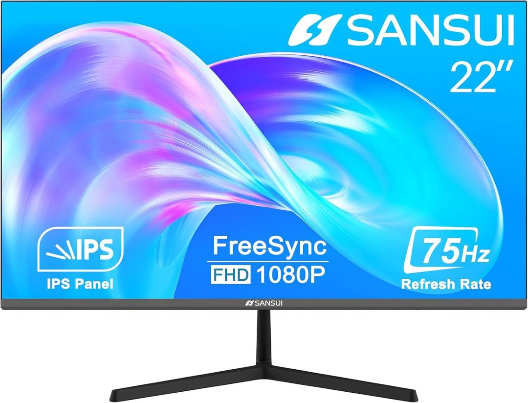 SANSUI Monitor 22 Inch IPS 75Hz FHD 1080P HDMI VGA Ports Computer Monitor Ultra-Thin Tilt Adjustable VESA Mount Compatible with Eye Comfort 178 Wide Viewing Angle for Game and Office