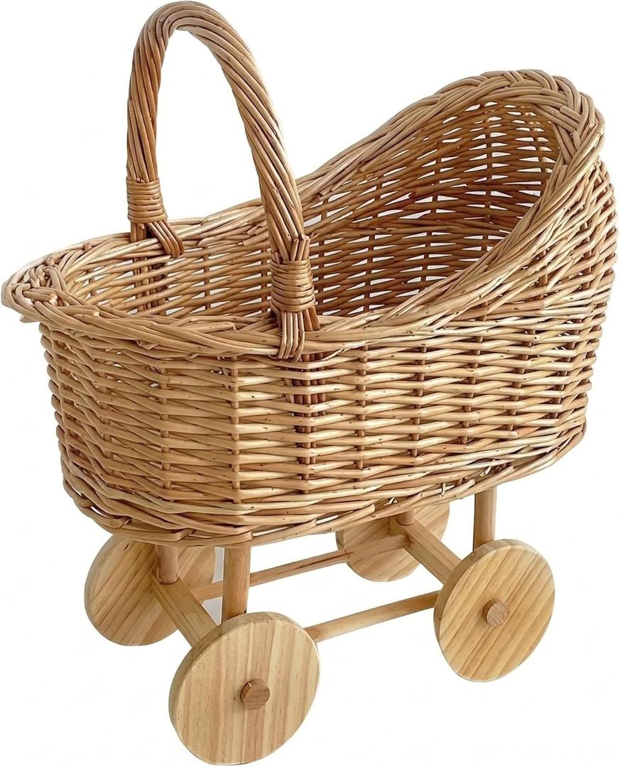 Woven Rattan Stroller Shaped Flower Basket with Handle, Versatile Trolley Decorative Flower Basket, Wicker Baby Carriage, Handwoven for Weddings, Baby Showers, Floral Arrangements