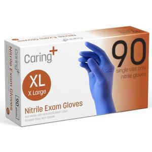 Caring Nitrile Exam Gloves, Blue, Powder-Free, Disposable Gloves for Medical Care, First Aid, Cleaning, Food Prep (X-large (Pack of 90))