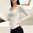 Women's Long Sleeve Slimming Tops Sexy Deep V-Neck Lace Trim Solid Color Short Shirt (M)