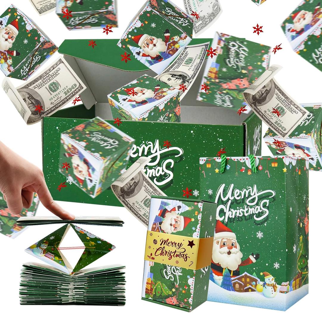 Surprise Gift Box Explosion for Money, Unique Folding Bouncing Red Envelope Gift Box with Confetti, Cash Explosion Luxury for Birthday Anniversary Valentine Proposal (15 Bounces) (Christmas-Green)