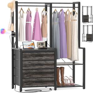 Cyclysio Closet Clothes Rack Garment Rack with 4 Drawers, Freestanding Closet Organizers and Storage System with Charging Station, Shelves and Hanging Rods for Small Spaces, Grey