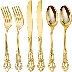 300PCS Gold Plastic Silverware, Heavy Duty Gold Disposable Utensils, Retro Design Plastic Cutlery Set Includes 100 Forks, 100 Spoons, 100 Knives for Parties and Wedding