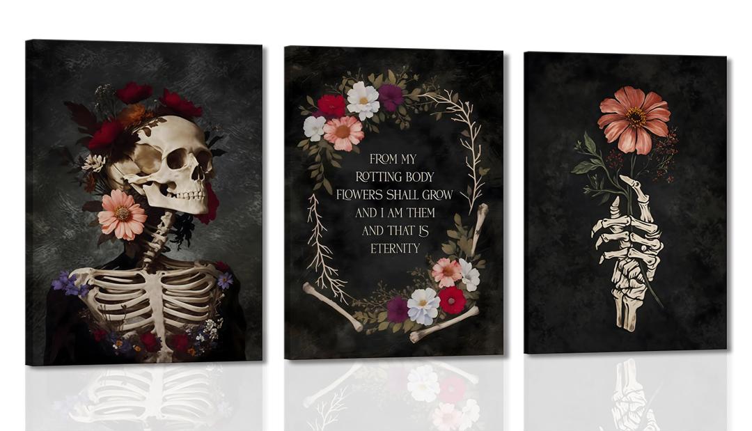 3pc Framed Gothic Floral Skull Canvas Wall Art
