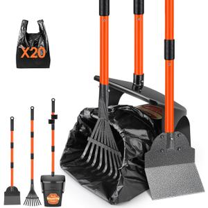 SlowTon Dog Pooper Scooper - 37.4" Long Handle Adjustable Metal Swivel Bin & Rake & Spade Kit with 20 Waste Bags, Portable Pooper Scooper for Gravel Lawn Grass, Suit for Small Medium Large Dog (Orange)