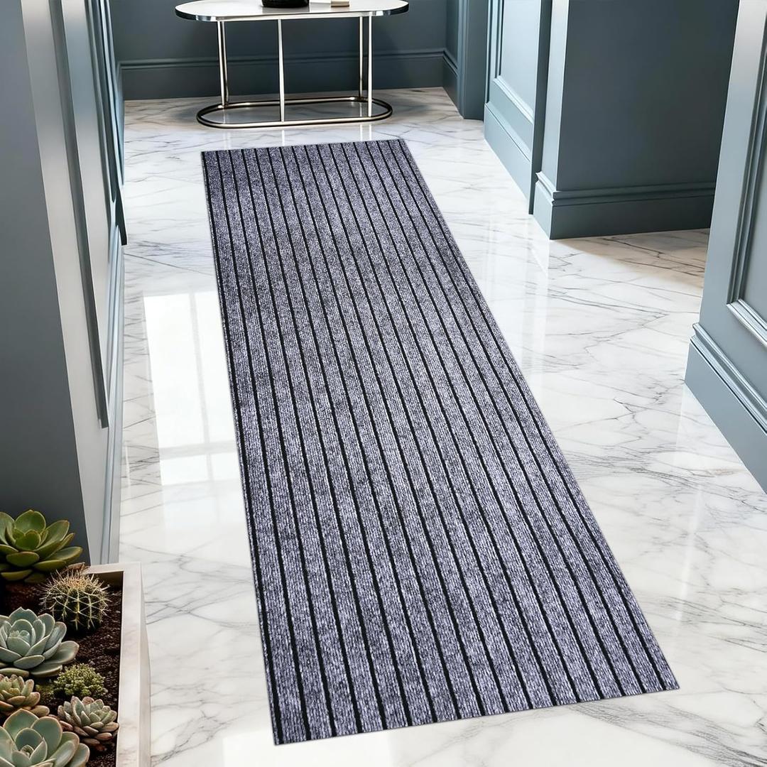 Extra Long 3x10 ft Runner Rug for Hallway, Non-Slip Indoor Outdoor Carpet with TPR Backing, Durable Waterproof Mat for Kitchen, Patio, Balcony, Garage, Deck, Entryway, Stair, Grey Wide Stripes
