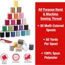 SINGER Polyester Sewing Thread Set - 30 Assorted Colors, 50 Yards per Mini Thread Spool, Sewing Kit Includes 5 Large Eye Hand Needles, 1 Needle Threader, Suitable for Hand and Machine Sewing
