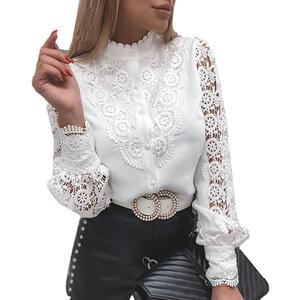 Rooscier Women's Lace Crochet Mock Neck Long Sleeve Button Elegant Blouse Shirt Top (Large)