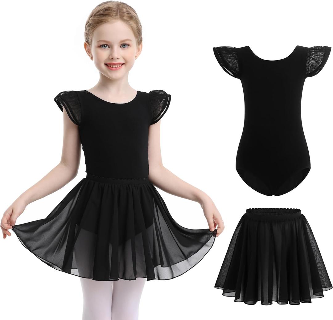 MdnMd Dance Ballet Leotard for Toddler Girls Dance Dress Tutu Swallowtail Skirt Flutter Sleeve (6-8 Years, Combo_black)
