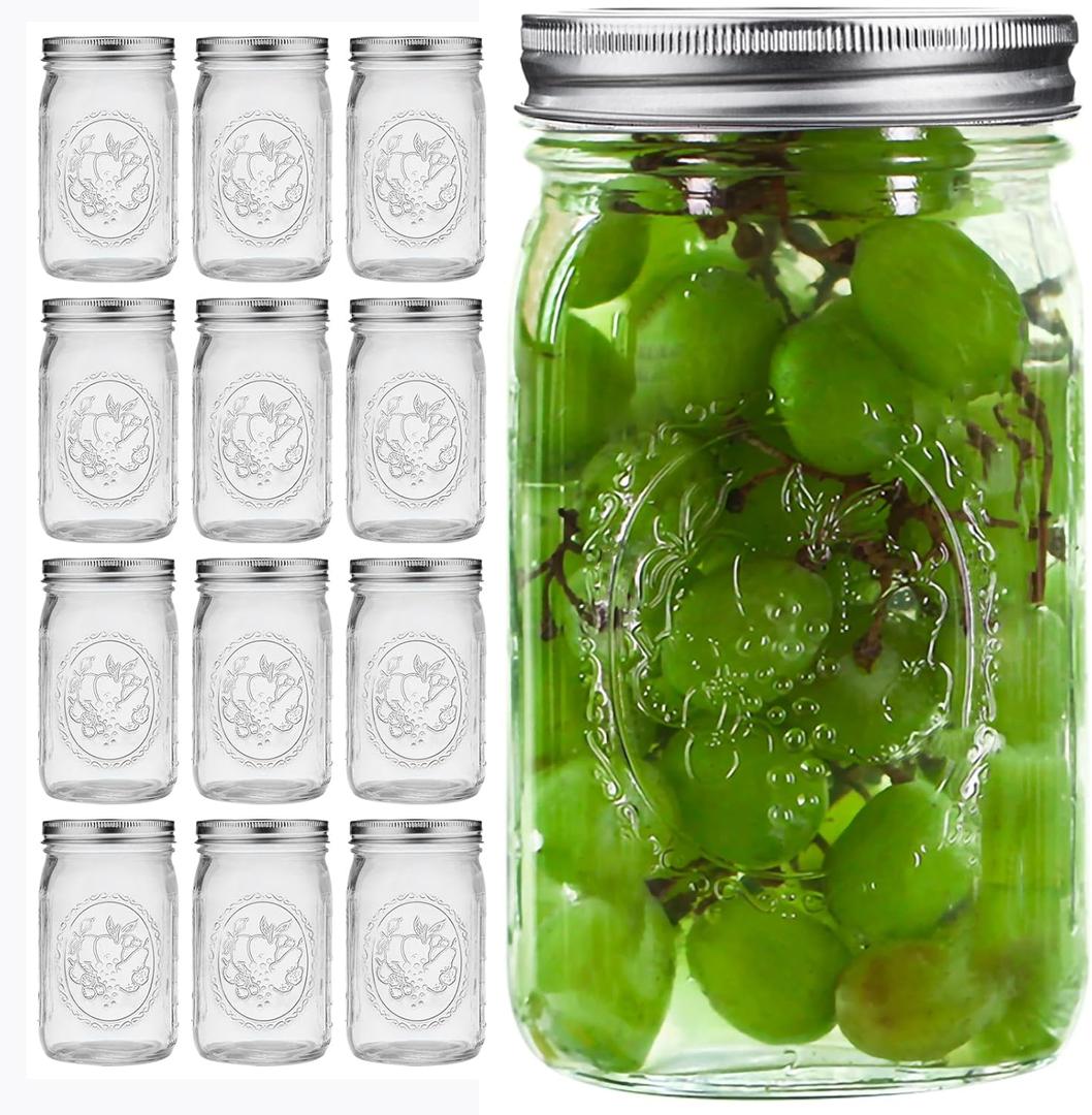 eleganttime Wide Mouth Mason Jars 32 oz with Lids and Bands Set of 12 Jars,Quart Large Glass Mason Jars with Airtight Lids,Great for Canning,Fermentation and Preservation